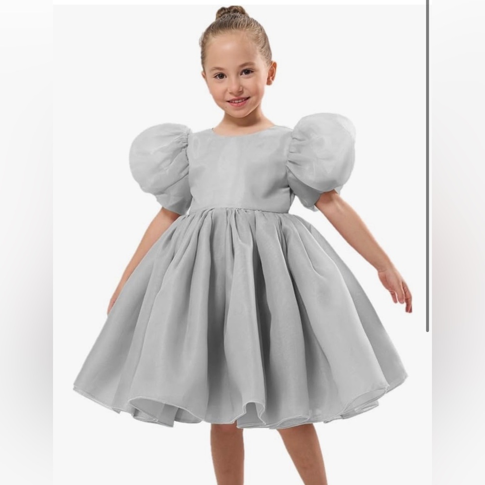 Gray/silver Girl Toddler Puff Sleeve Organza Tulle Tutu Twirly Flower Girl Dress